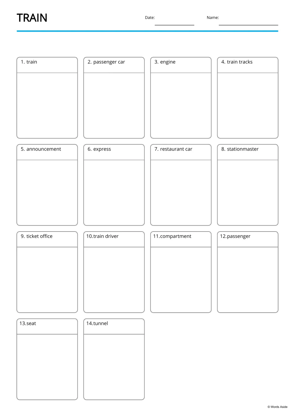 Train word pictures: students draw an illustration for each of 14 labeled words, from train and engine to seat