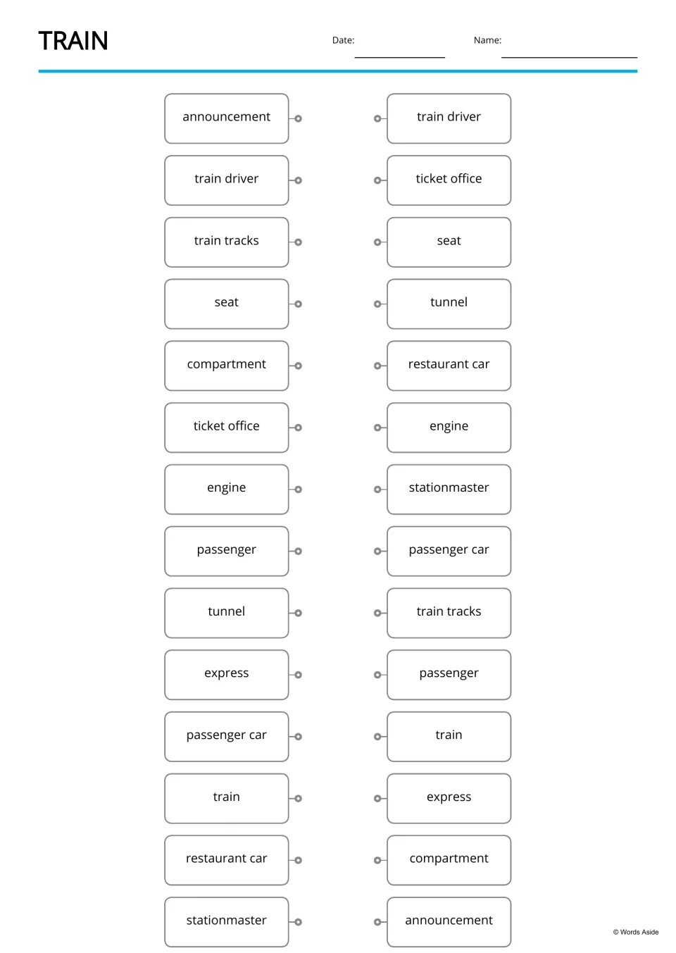 Train word matching: students draw lines to connect identical words in two shuffled lists, such as seat, tunnel and engine