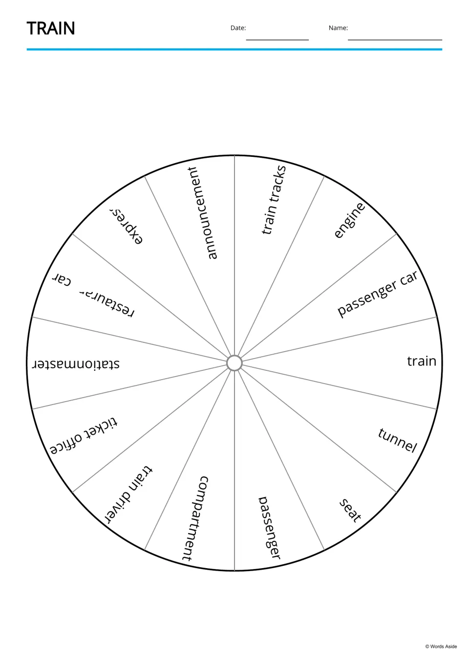 Train vocabulary wheel: 14 segments, each printed with one train word such as stationmaster or ticket office