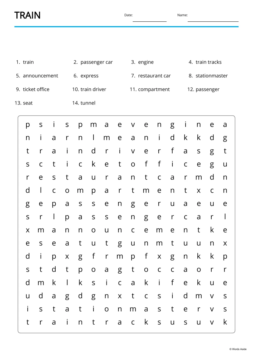 Train word search: students find 14 listed words, including restaurant car, announcement and train tracks