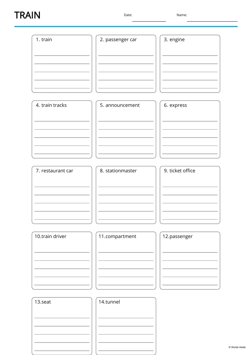 Train word writing practice: students write about each of 14 words, from passenger car to compartment