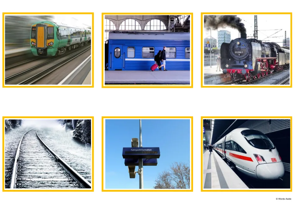 Train photo cards: a train, passenger car with a traveler, steam engine, snowy tracks, station info board and express train