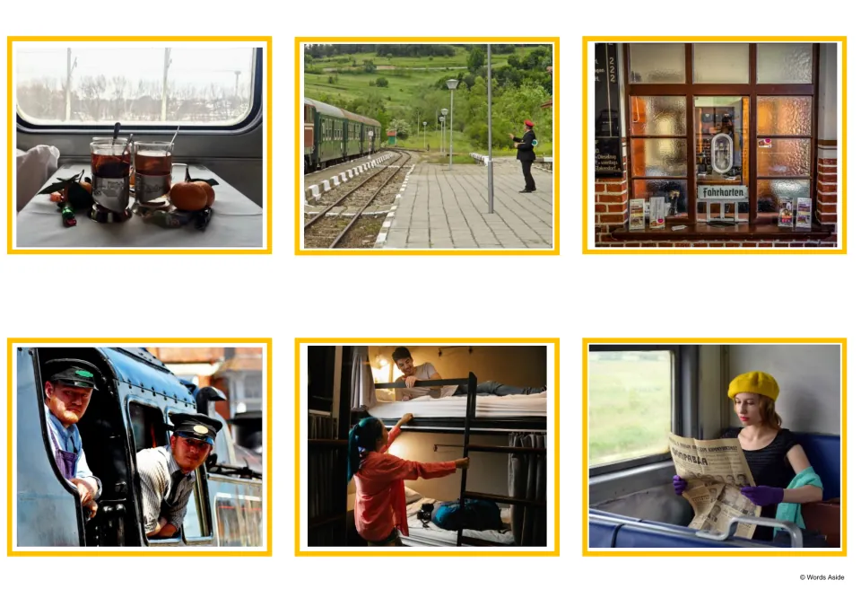 Train photo cards: tea in a dining car, stationmaster, ticket window, two train drivers, sleeper bunks and a passenger