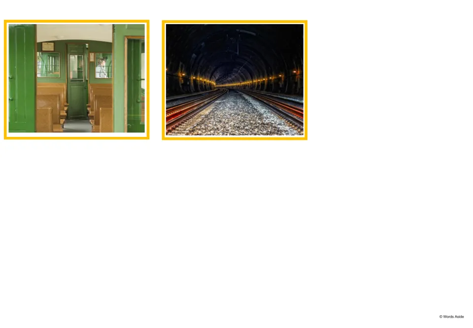 Train photo cards: wooden seats inside a green railway carriage and lit train tracks running through a long tunnel