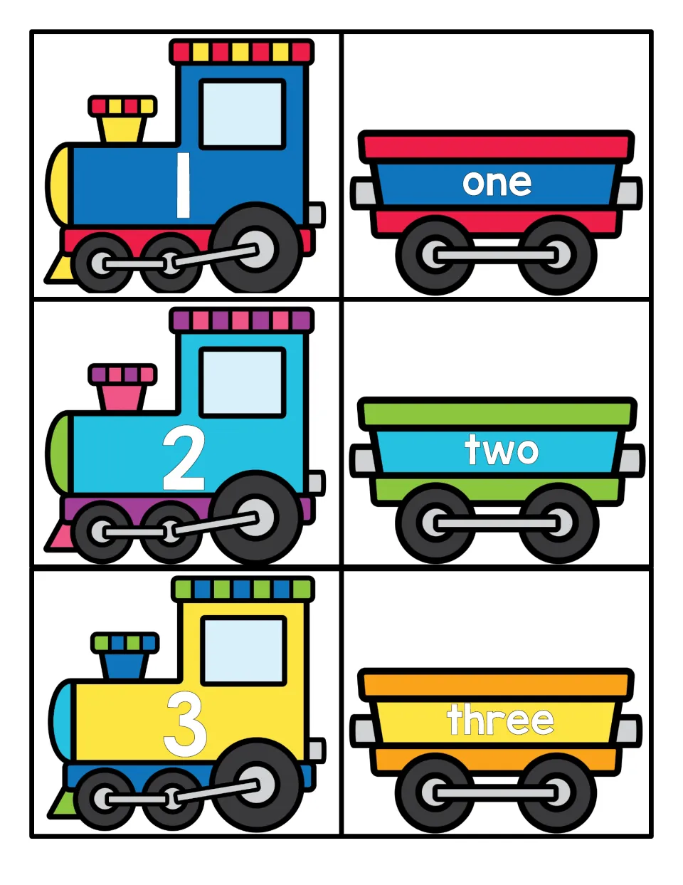 Train number cards for 1, 2, and 3, pairing numbered engines with cars labeled one, two, and three