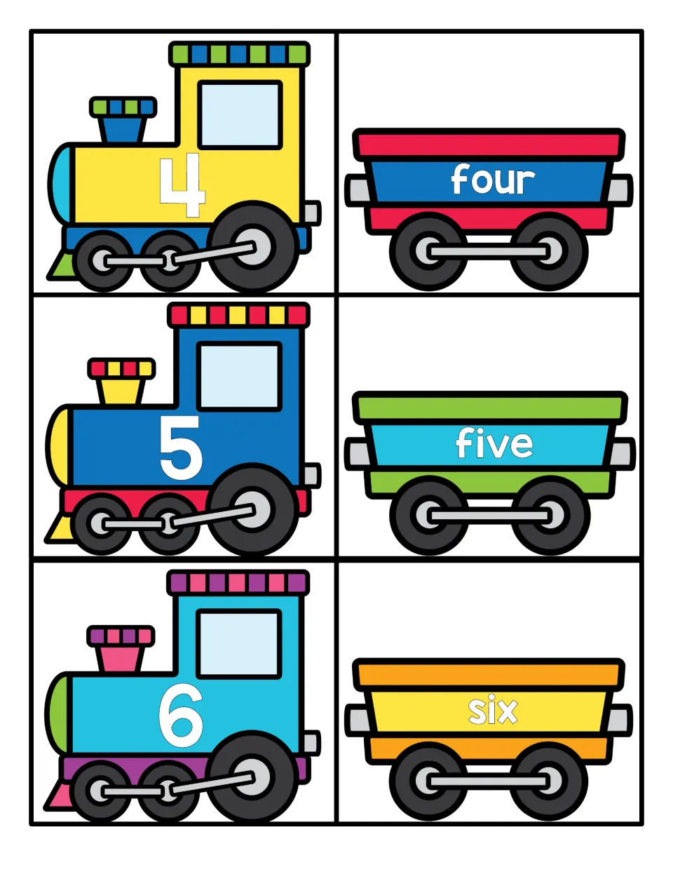 Train number cards for 4, 5, and 6, pairing numbered engines with cars labeled four, five, and six