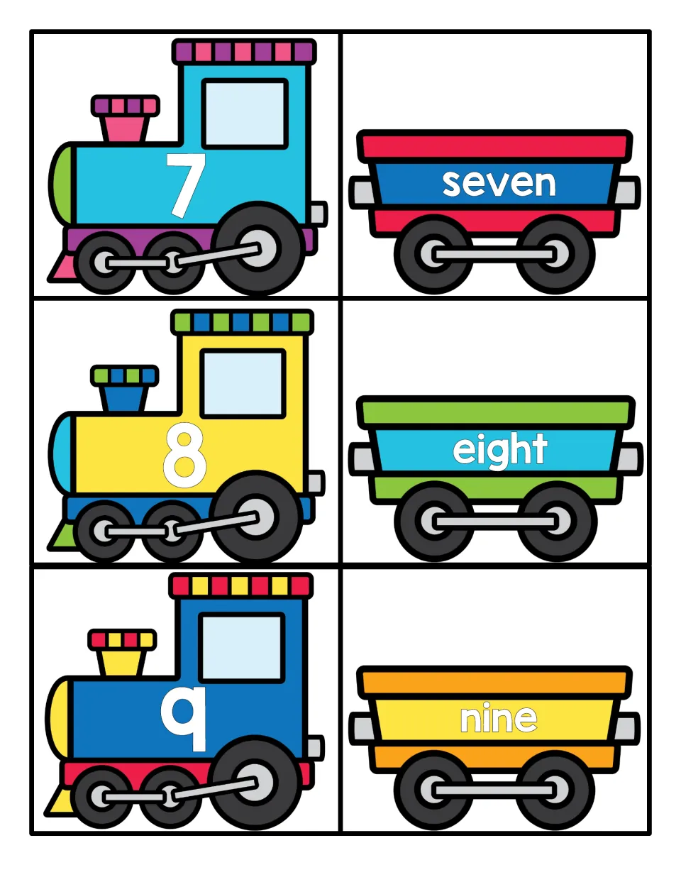Train number cards for 7, 8, and 9, pairing numbered engines with cars labeled seven, eight, and nine