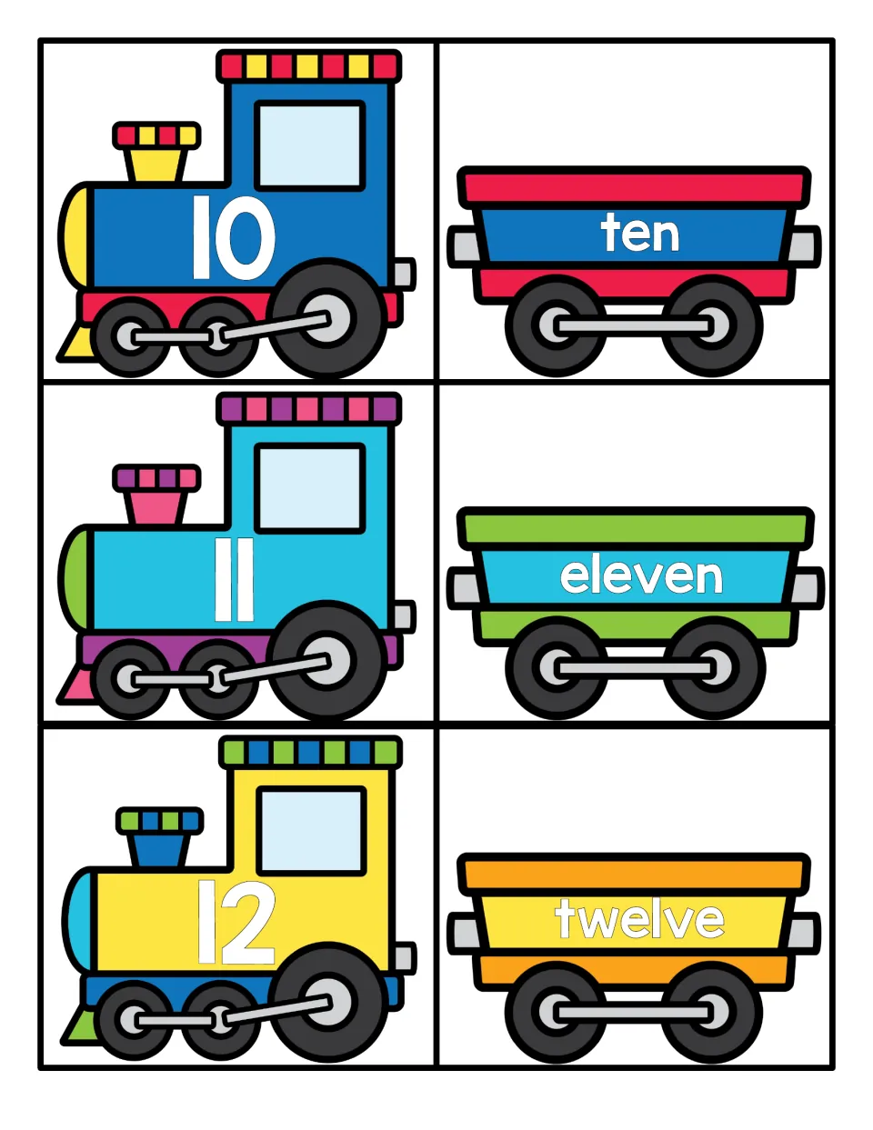 Train number cards for 10, 11, and 12, pairing numbered engines with cars labeled ten, eleven, and twelve