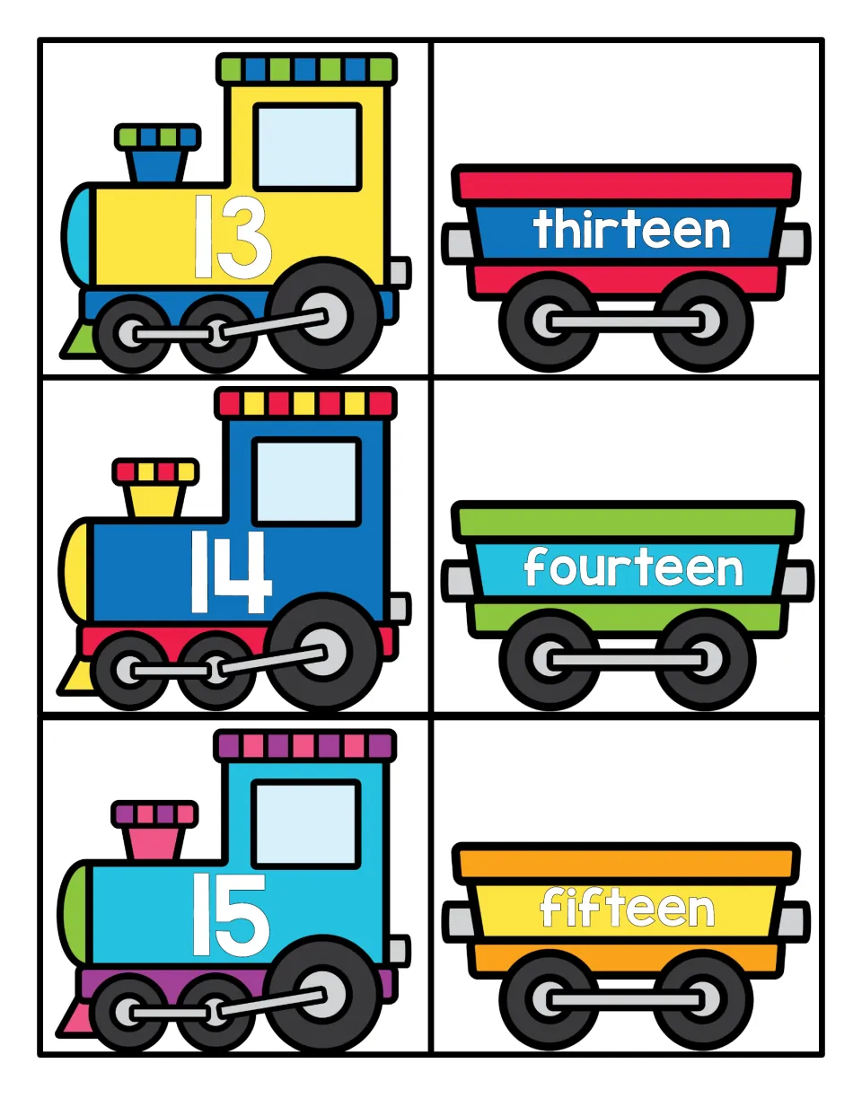 Train number cards for 13, 14, and 15: numbered engines and matching cars labeled thirteen, fourteen, and fifteen