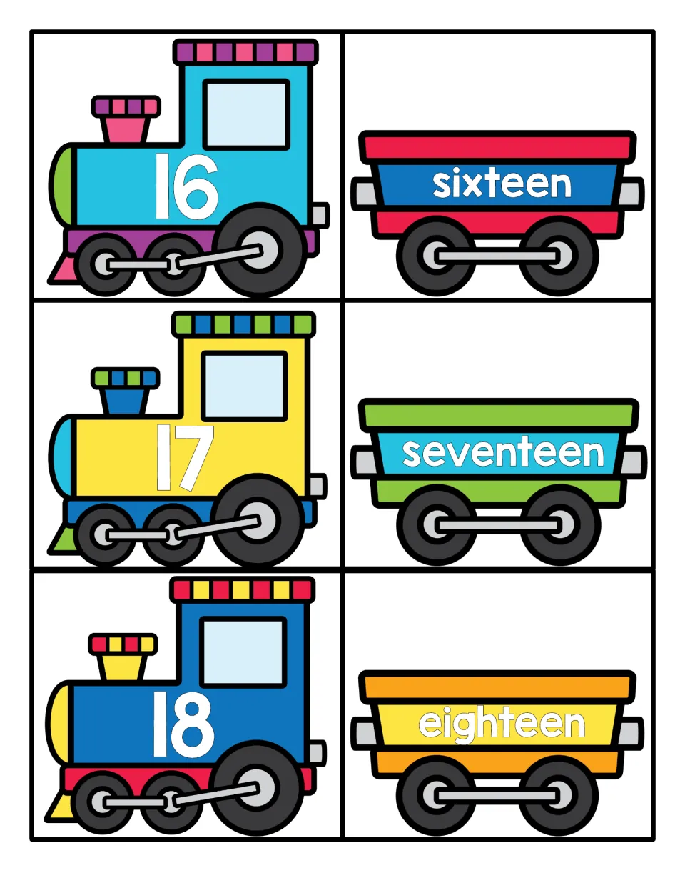 Train number cards for 16, 17, and 18: numbered engines and cars labeled sixteen, seventeen, and eighteen