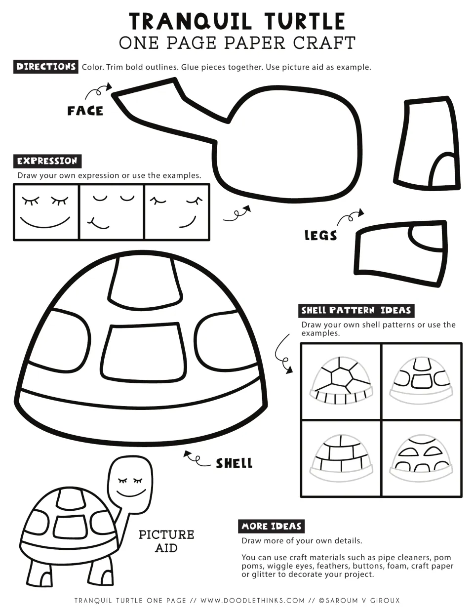 Turtle paper craft: students color, cut and glue a face, two legs and shell, then add a drawn expression and shell pattern
