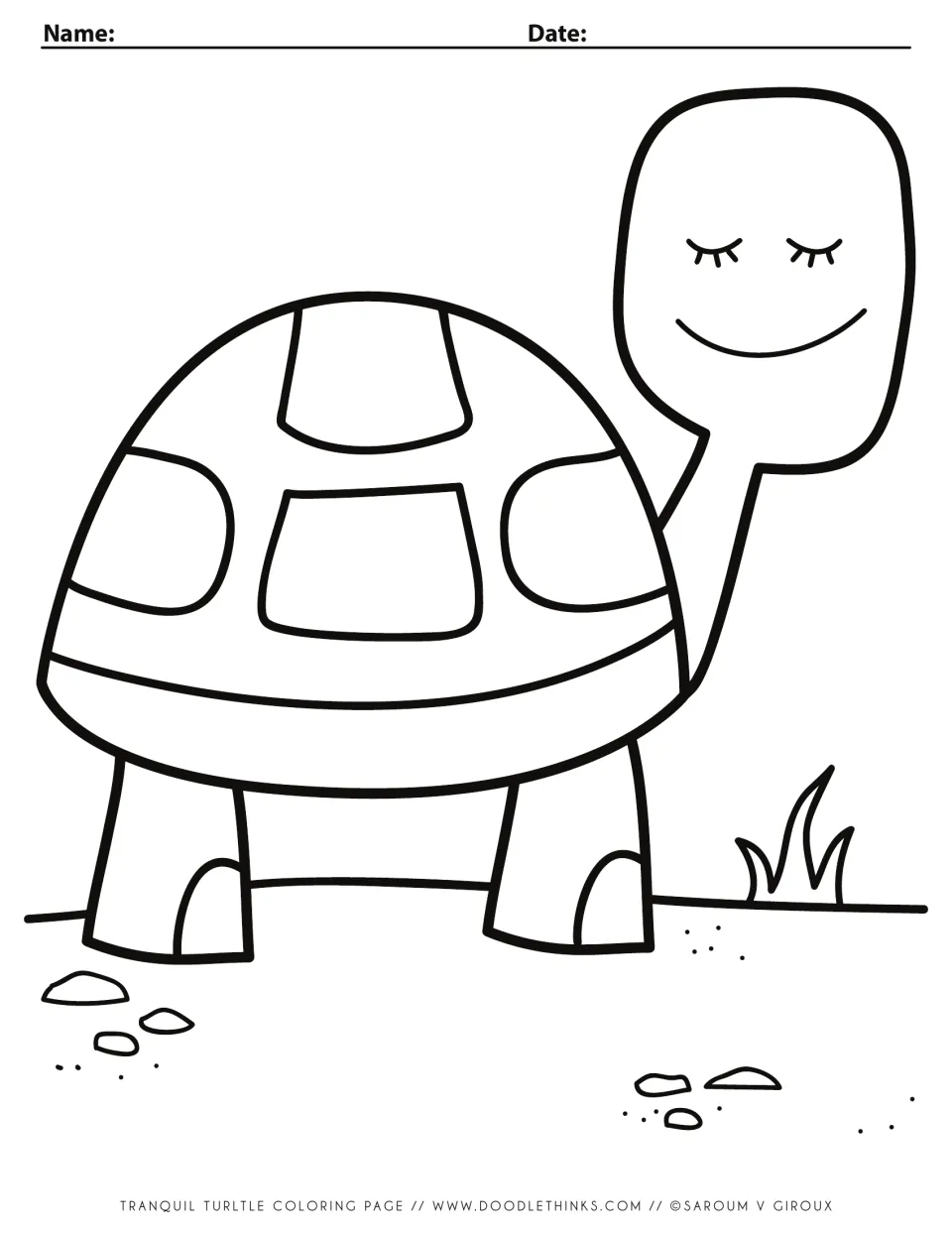 Turtle coloring page: a smiling turtle with closed eyes and a patterned shell stands on ground with grass and pebbles