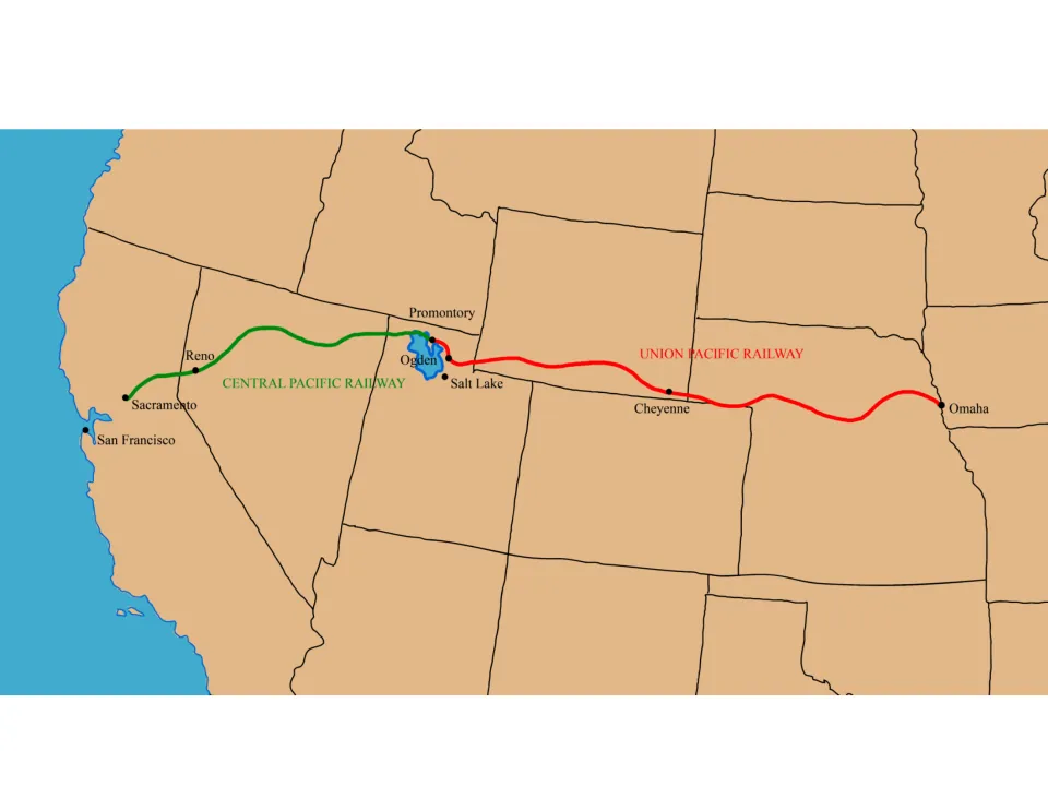 Colour map of the Central Pacific (green) and Union Pacific (red) railways from Sacramento to Omaha, meeting at Promontory