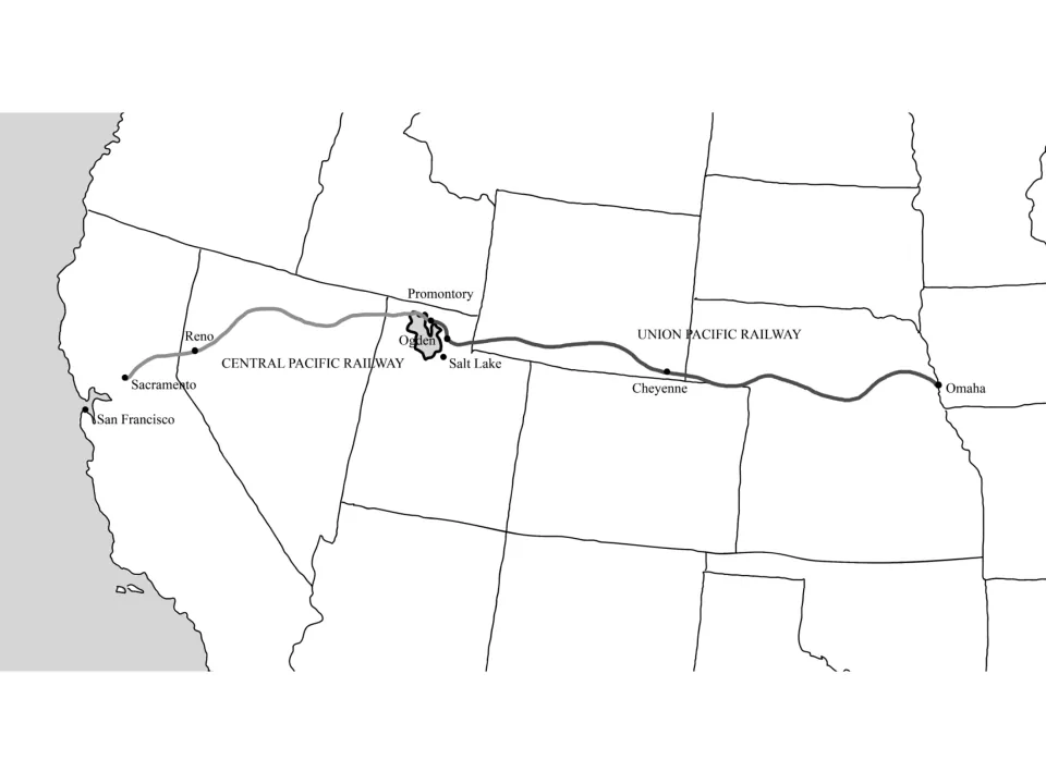 Black-and-white version of the rail route map labelling Sacramento, Reno, Promontory, Ogden, Cheyenne and Omaha