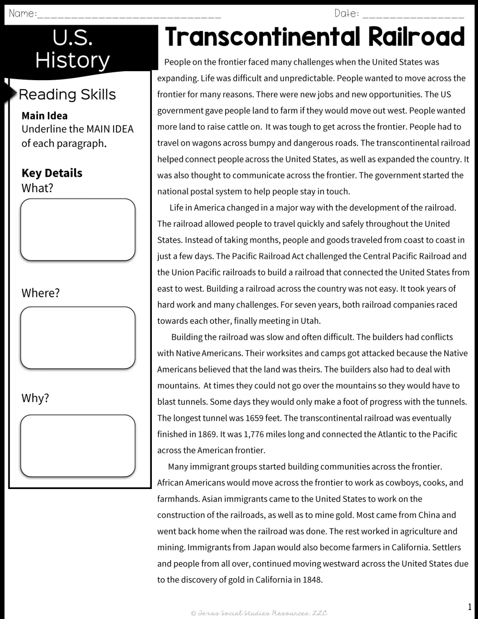 Railroad reading passage on frontier life, the Pacific Railroad Act and immigrants; students underline main ideas