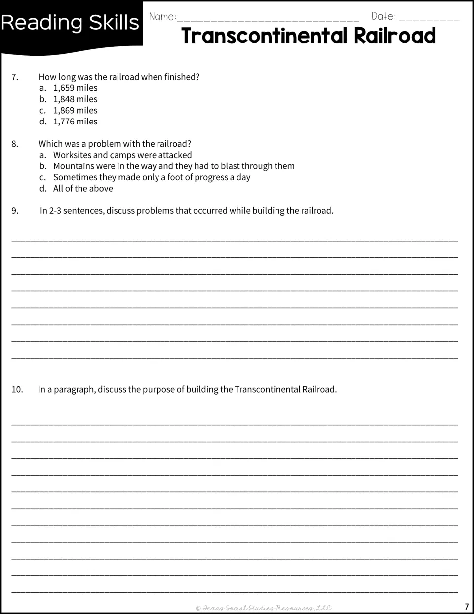 Railroad quiz 7-10: multiple choice on length and problems, then written answers on building problems and purpose