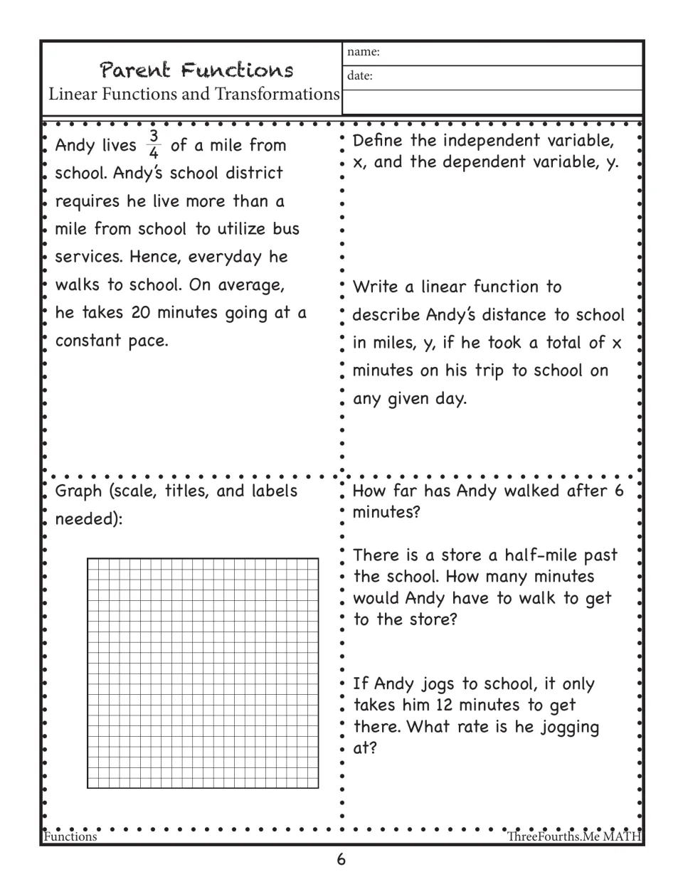 Andy's walk to school word problem: students define variables, write a linear function, graph it, and answer rate questions