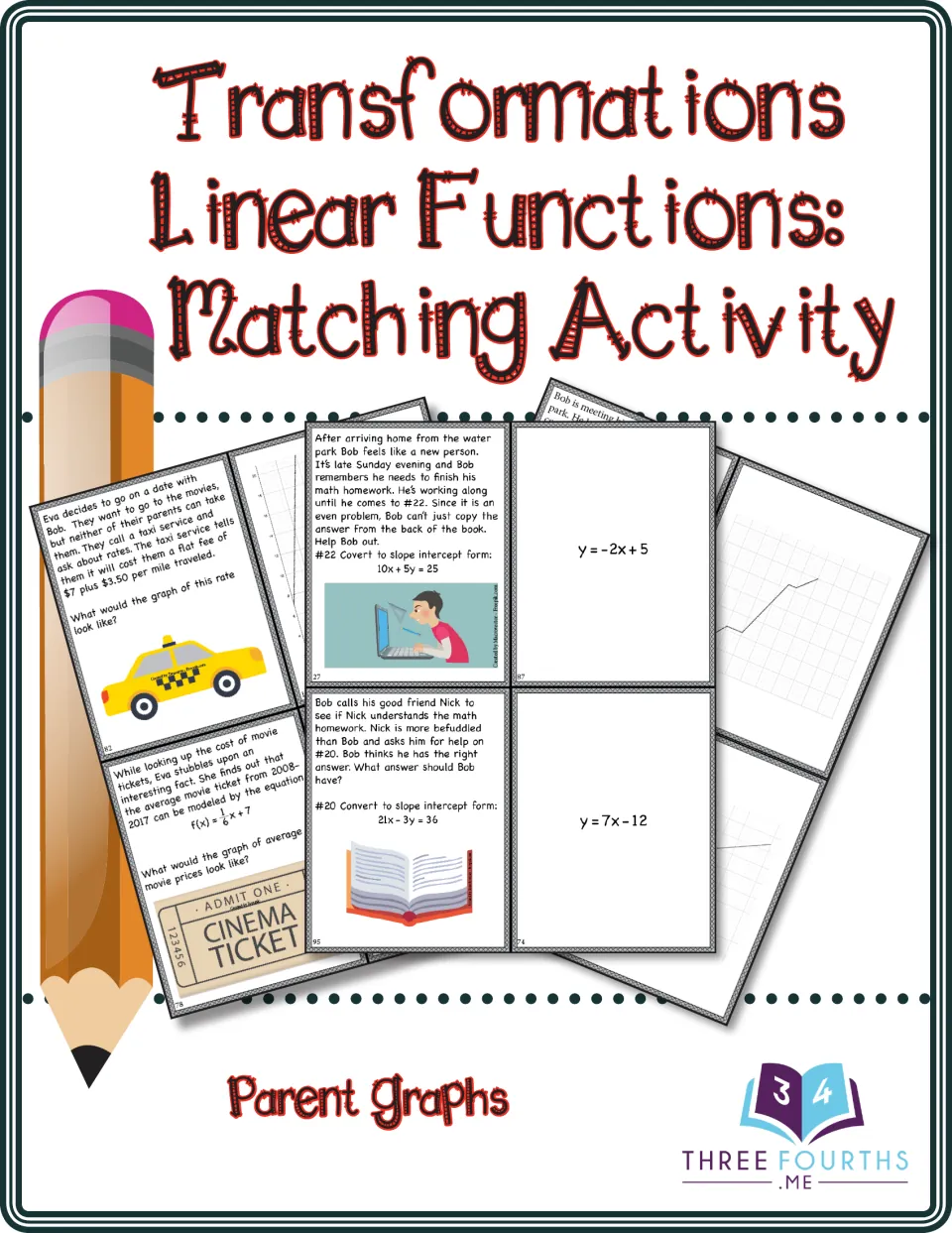 Transformations of Linear Functions: Matching Activity cover showing story-problem cards, equation cards and graph cards