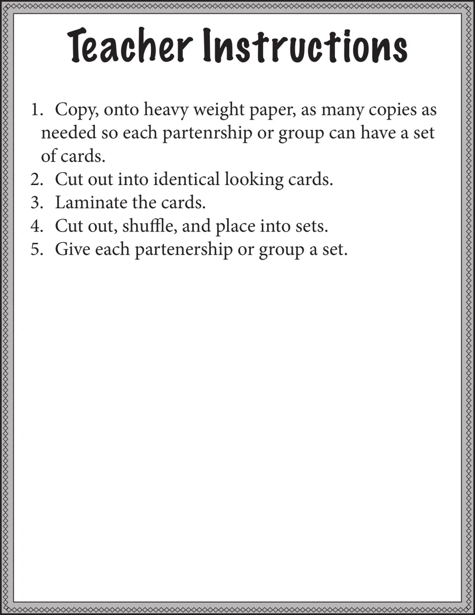 Teacher instructions for preparing the card sets: copy onto heavy paper, cut out, laminate, shuffle and sort into sets