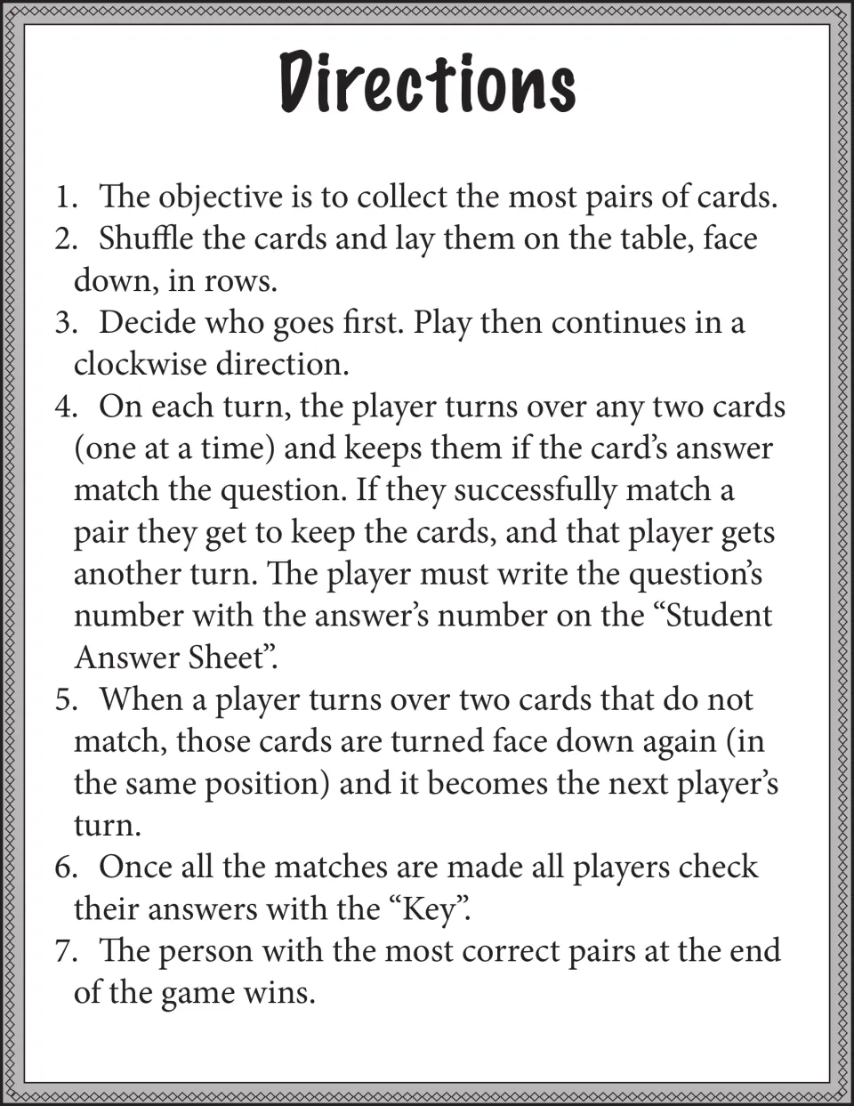 Game directions for the card-matching activity: lay cards face down, flip two, keep matches, record numbers, check key
