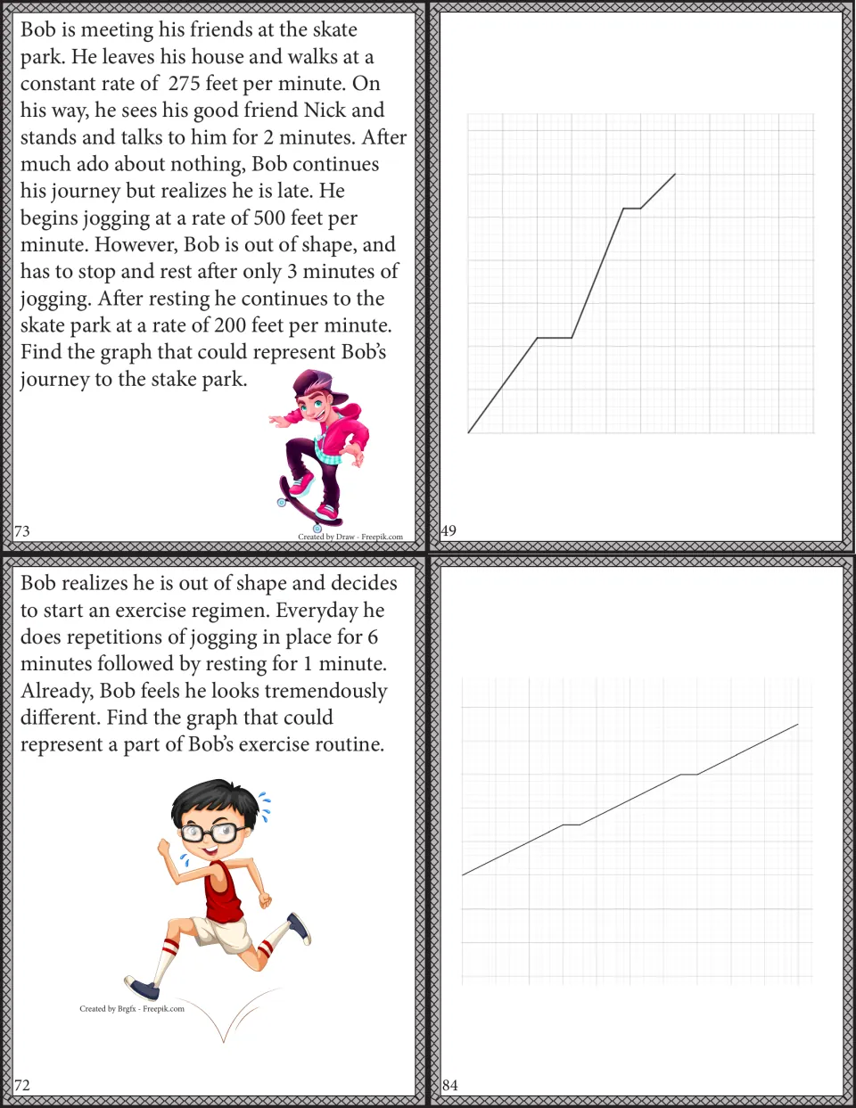 Cut-out cards on Bob's walking and jogging trips: students match each story to a graph with flat rest segments