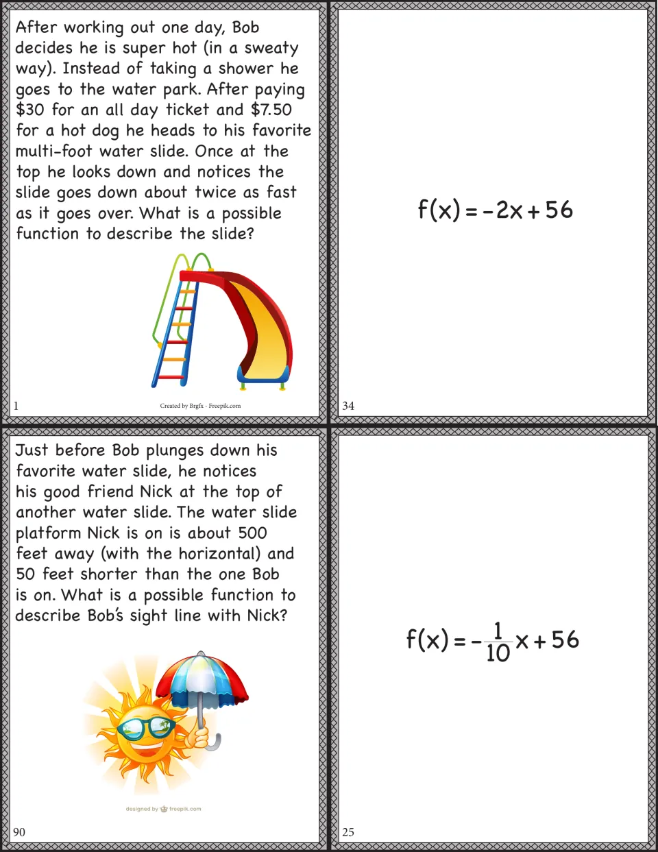 Cut-out cards on water slide problems: students match each story to a function, f(x) = -2x + 56 or f(x) = -1/10x + 56