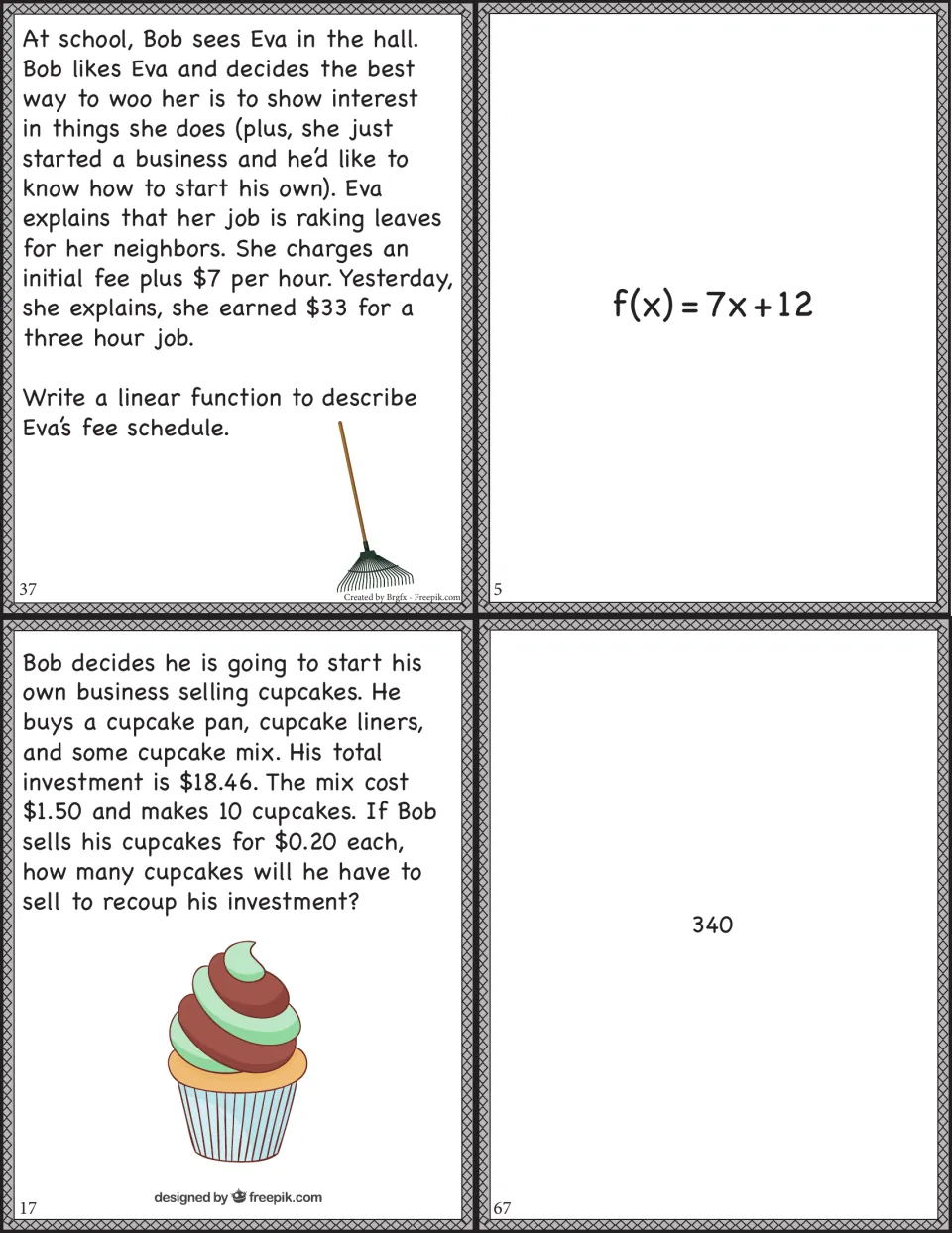 Cut-out cards on Eva's leaf-raking fee and Bob's cupcake sales: students match each problem to f(x) = 7x + 12 or 340
