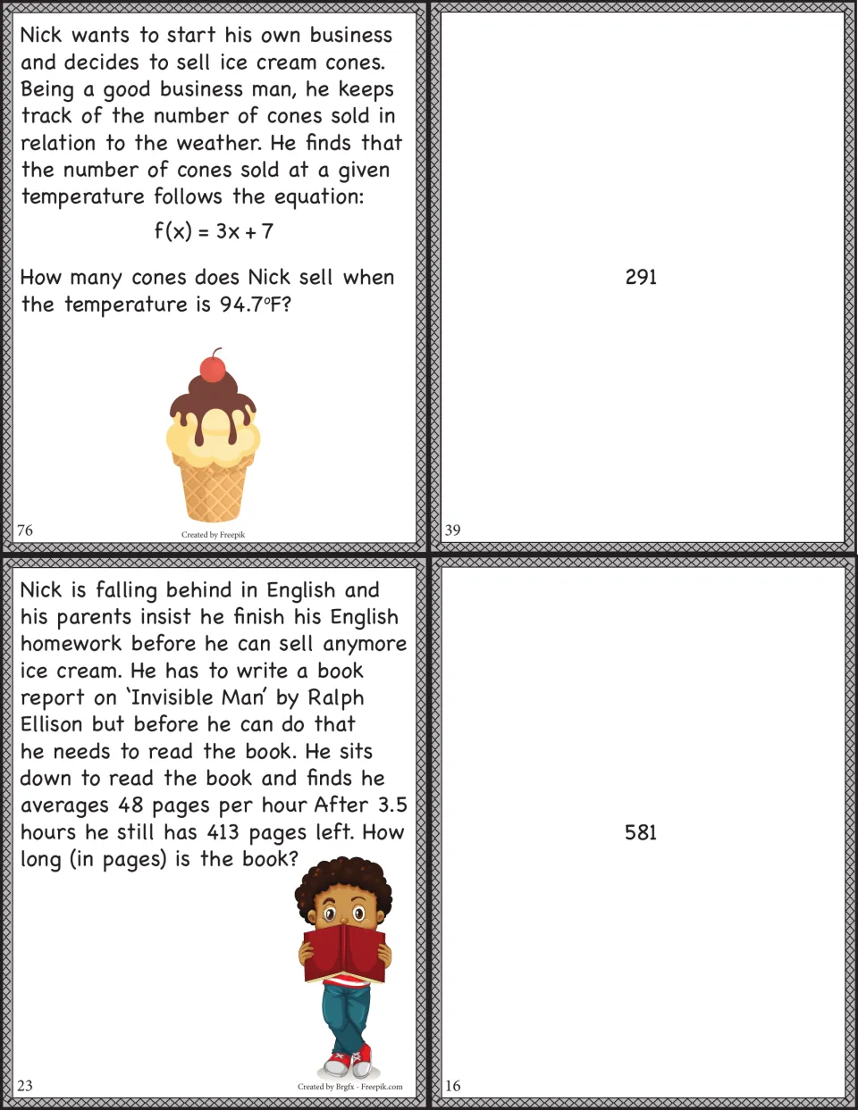 Cut-out cards on Nick's ice cream sales with f(x) = 3x + 7 and a 48 pages-per-hour book problem, matched to 291 and 581
