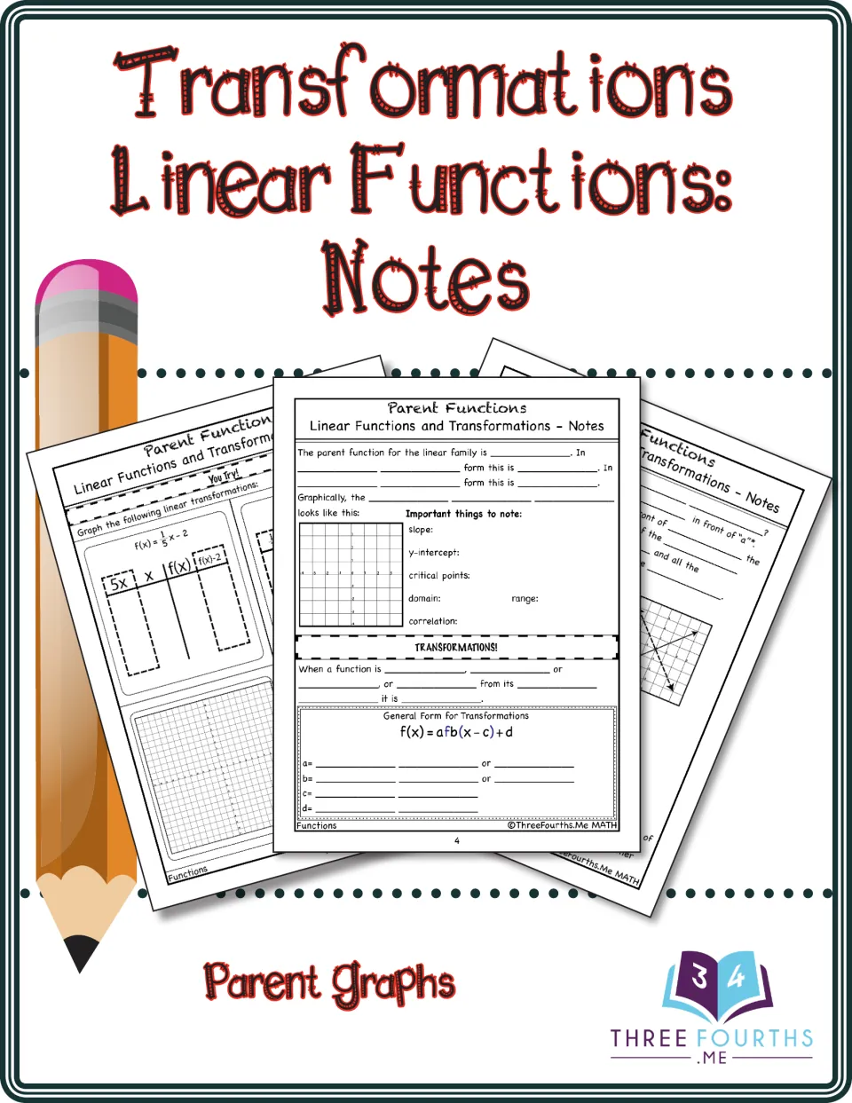 Cover of Transformations of Linear Functions: Notes on parent graphs, showing sample fill-in note pages and graphs