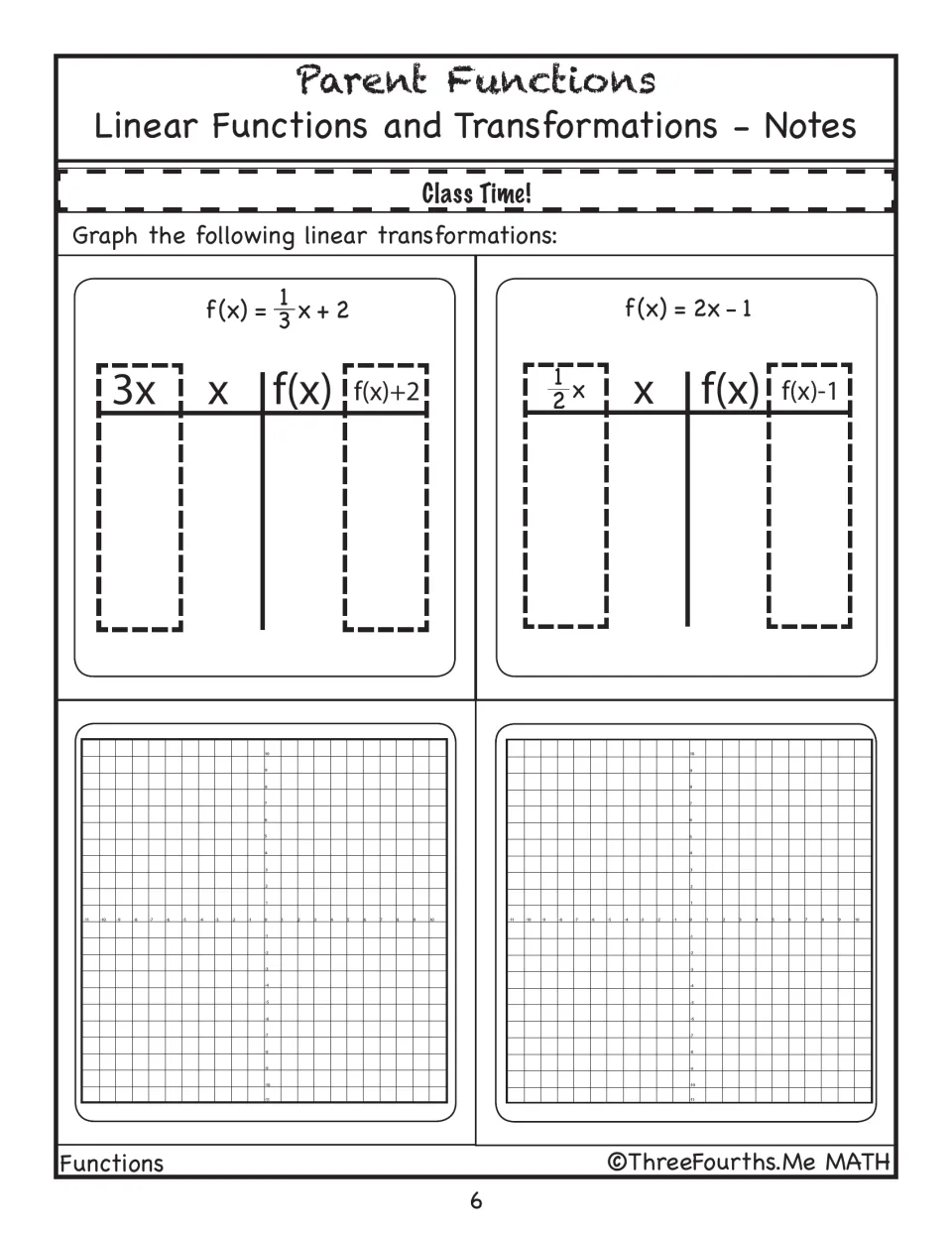 Class Time! practice: students complete transformation tables and graph f(x)=1/3x+2 and f(x)=2x-1 on coordinate planes