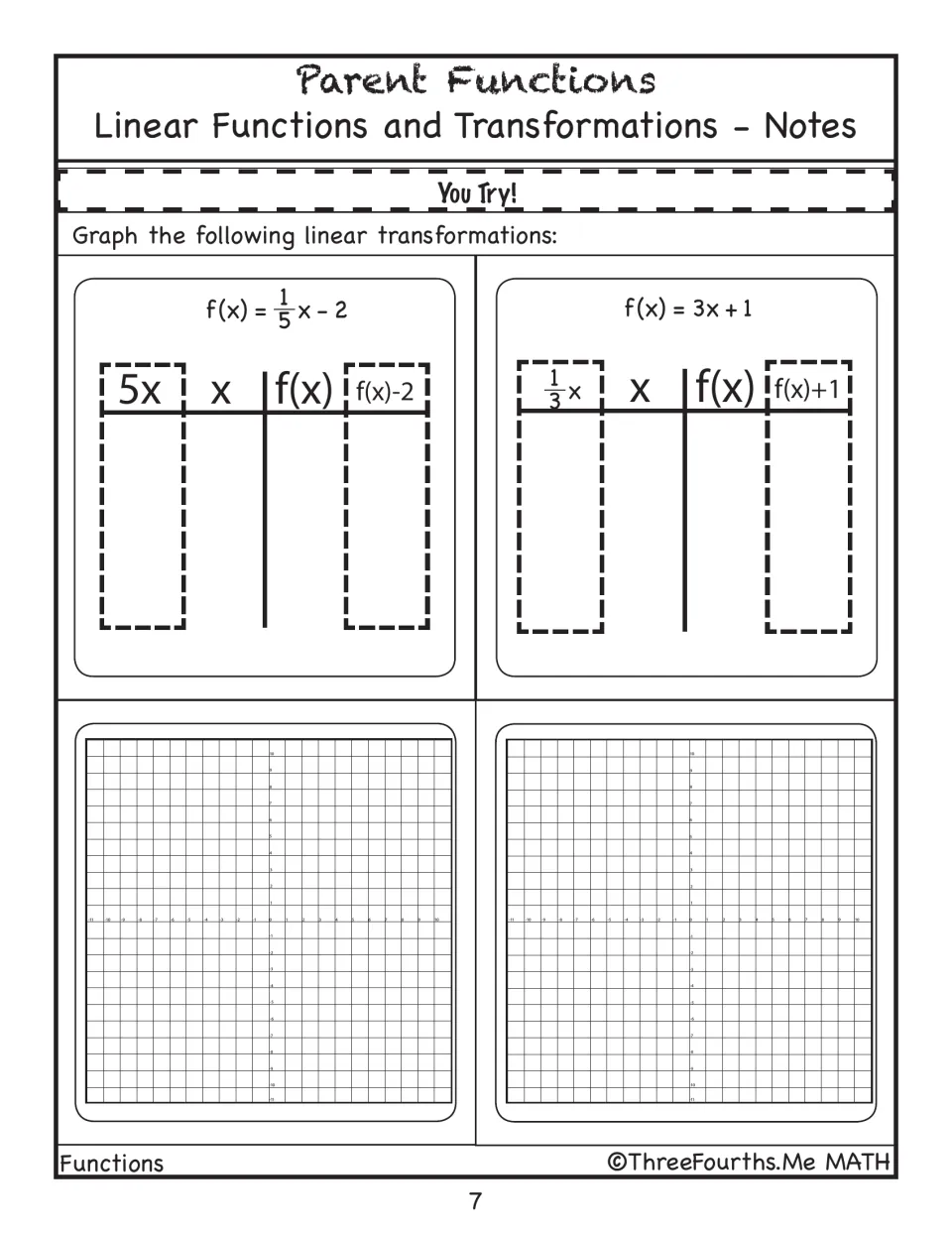 You Try! practice: students fill in transformation tables and graph f(x)=1/5x-2 and f(x)=3x+1 on their own