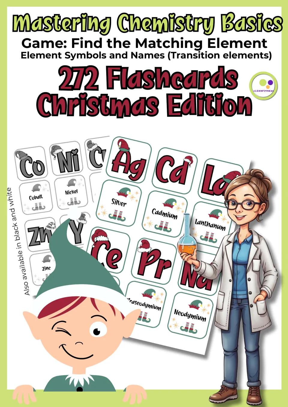 Cover for the Christmas chemistry matching game featuring 272 flashcards for element symbols and names