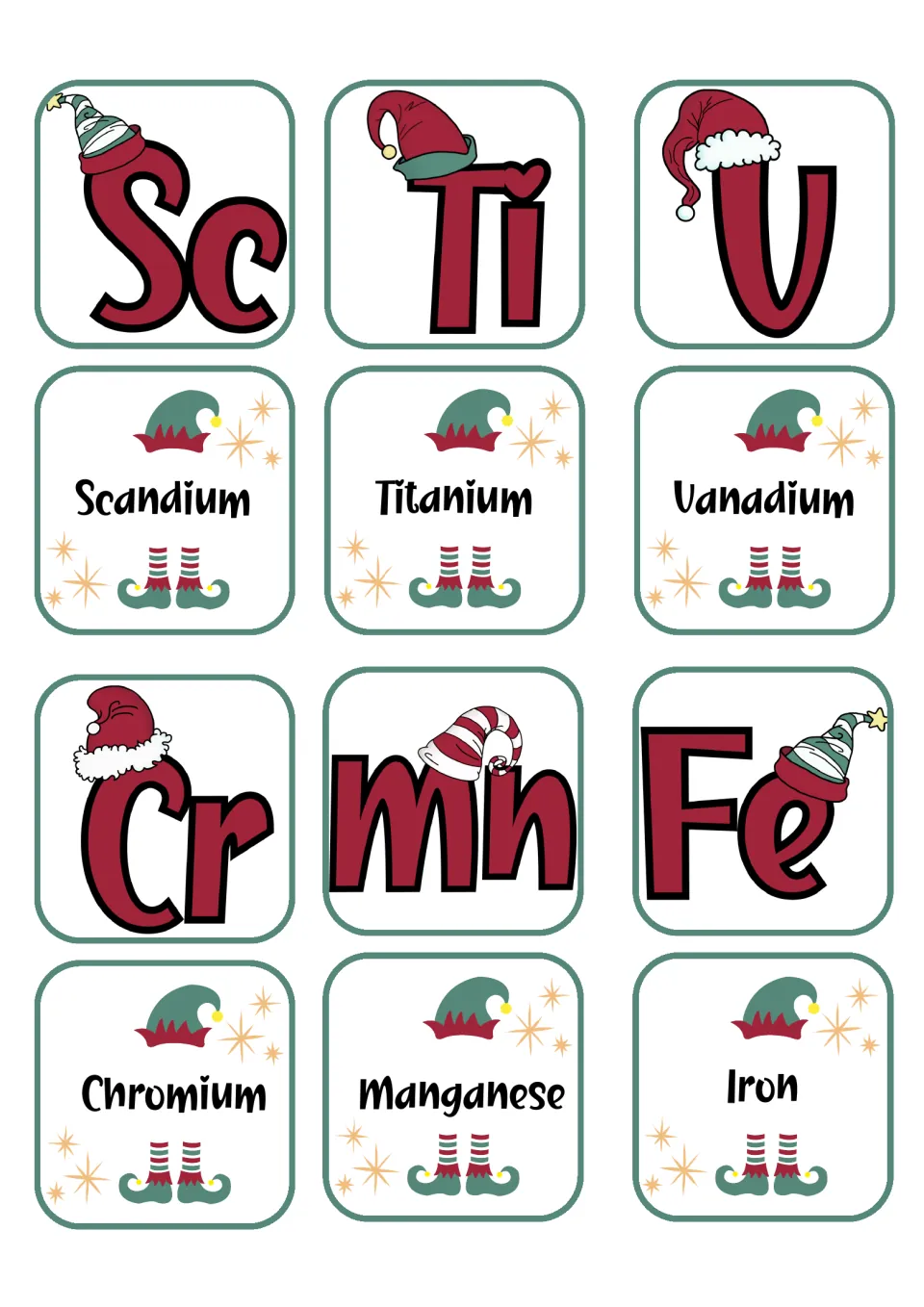 Chemistry matching flashcards pairing Sc, Ti, V, Cr, Mn, and Fe with their six corresponding element names