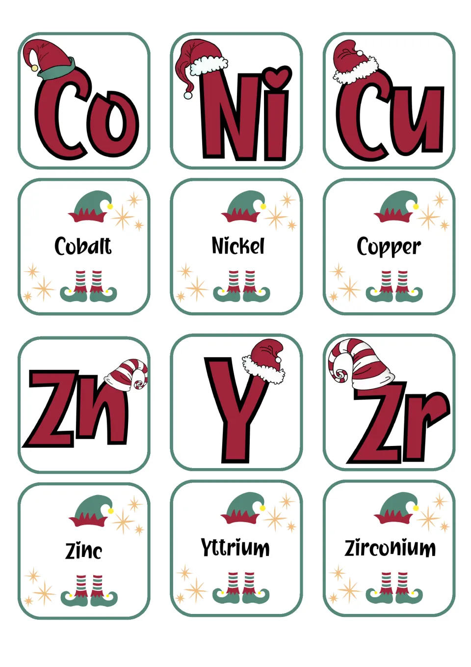 Chemistry matching flashcards pairing Co, Ni, Cu, Zn, Y, and Zr with their six corresponding element names