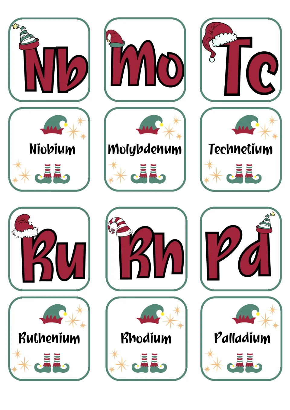 Chemistry matching flashcards pairing Nb, Mo, Tc, Ru, Rh, and Pd with their six corresponding element names