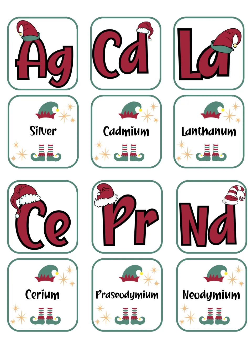 Chemistry matching flashcards pairing Ag, Cd, La, Ce, Pr, and Nd with their six corresponding element names