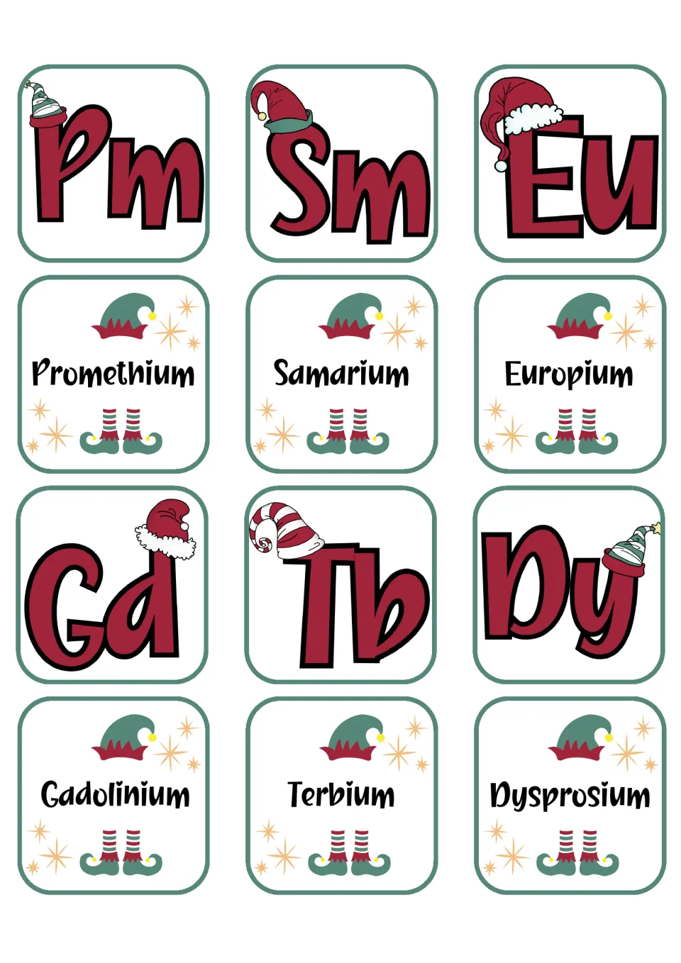 Chemistry matching flashcards pairing Pm, Sm, Eu, Gd, Tb, and Dy with their six corresponding element names