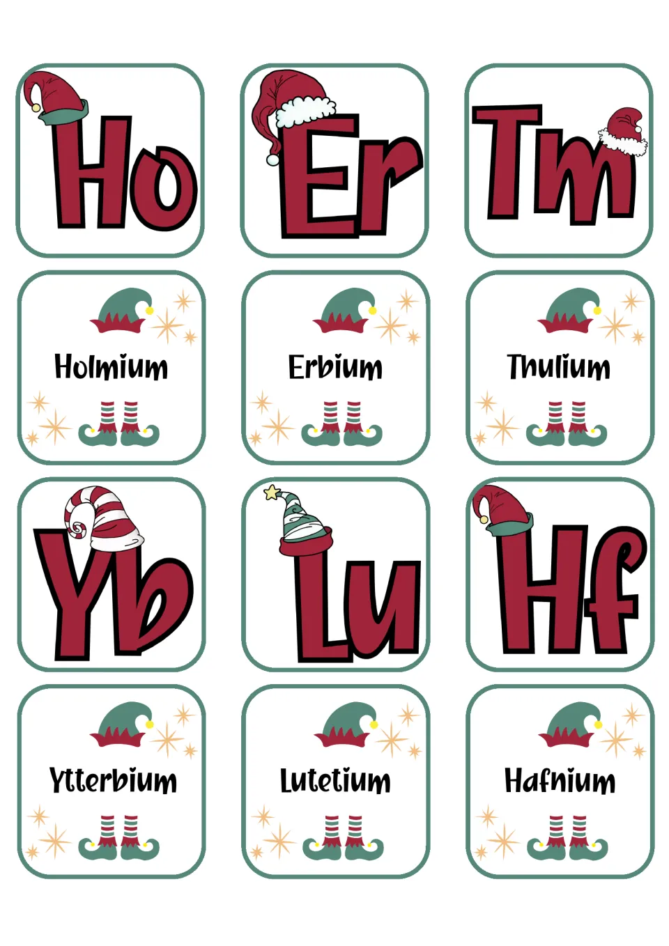 Chemistry matching flashcards pairing Ho, Er, Tm, Yb, Lu, and Hf with their six corresponding element names