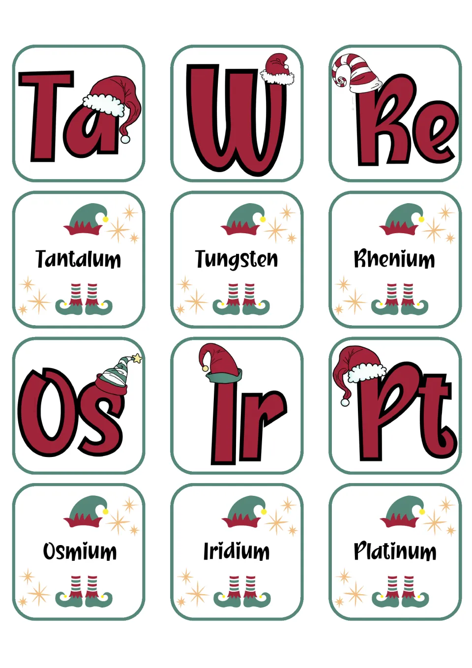 Chemistry matching flashcards pairing Ta, W, Re, Os, Ir, and Pt with their six corresponding element names