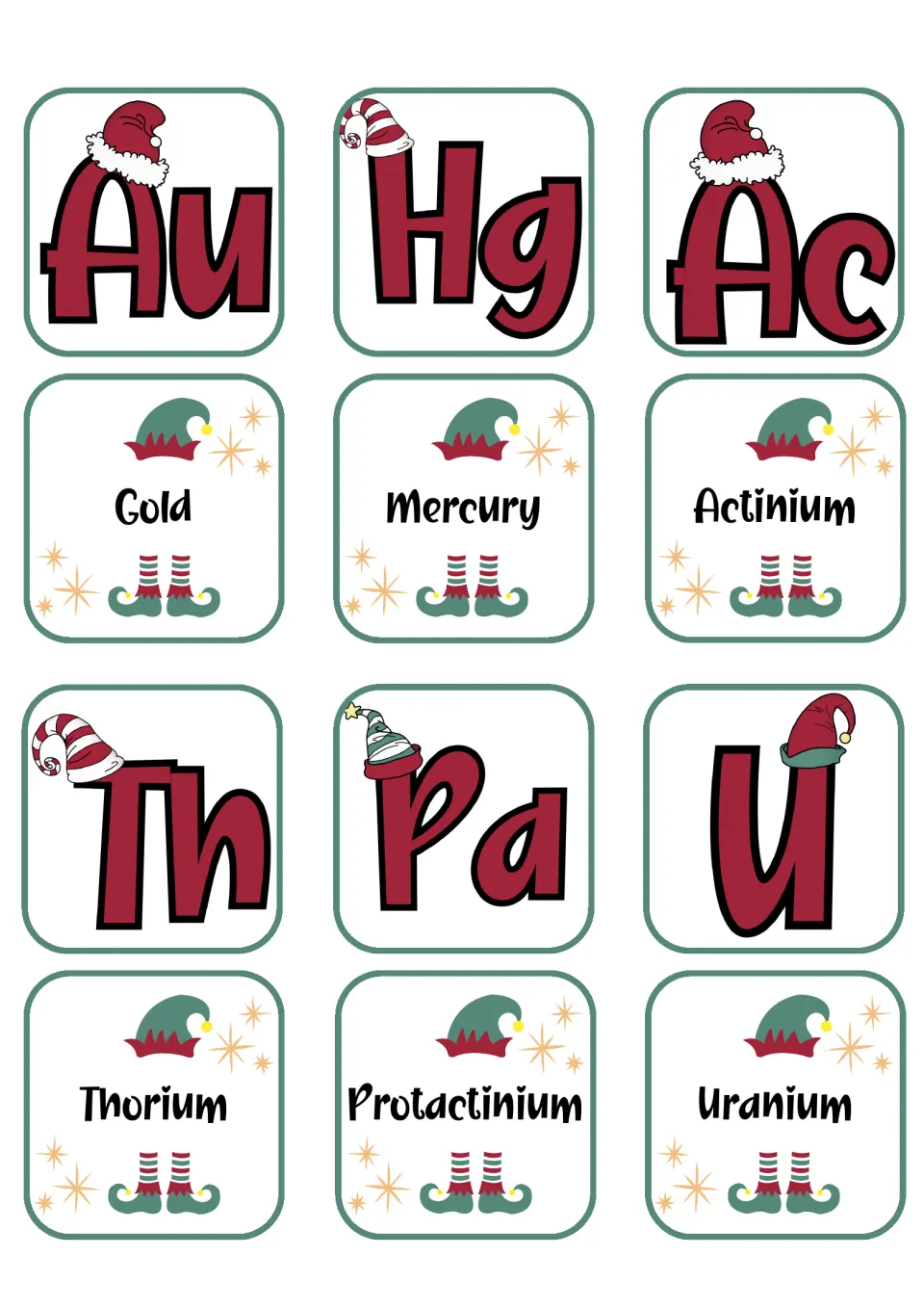 Chemistry matching flashcards pairing Au, Hg, Ac, Th, Pa, and U with their six corresponding element names