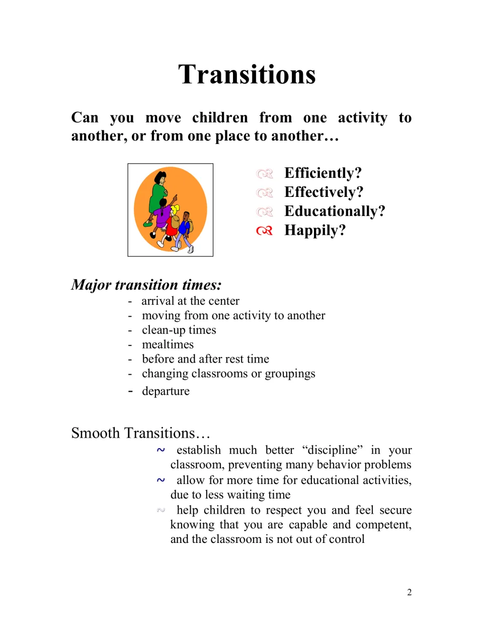 Transition guide introduction lists arrival, cleanup, meals, rest, classroom changes, and departure times
