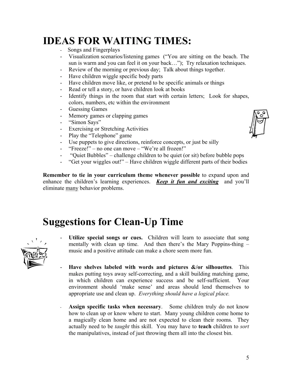 Waiting-time ideas include songs and guessing games; cleanup guidance introduces cues, labels, and tasks
