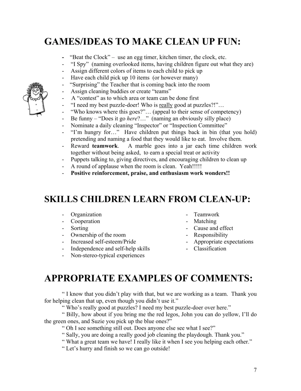 Cleanup reference lists games such as 'Beat the Clock,' skills children learn, and sample teacher comments