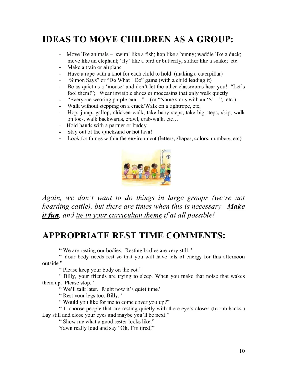 Group movement ideas include animal motions, a train, and buddy walking, followed by sample rest-time comments
