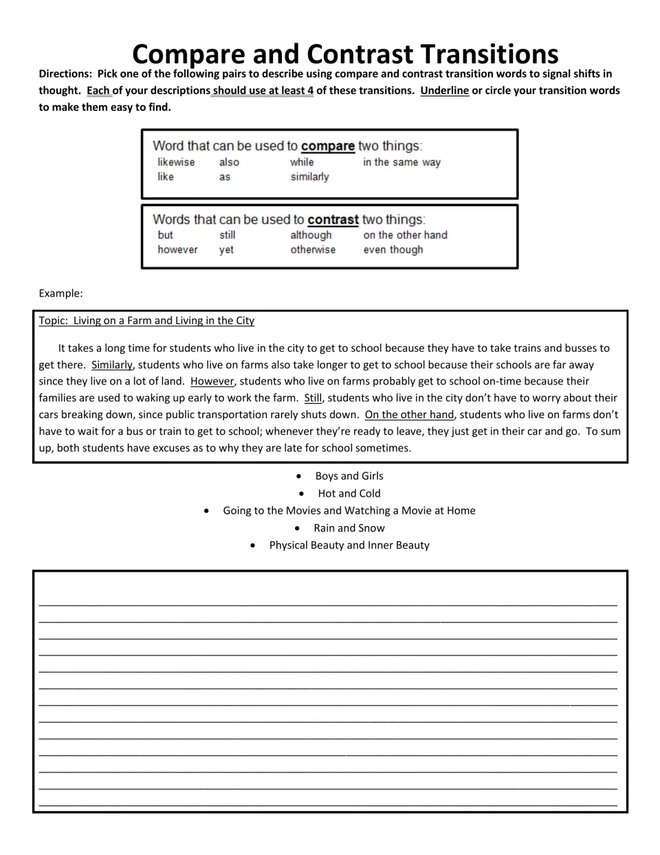 Compare and contrast transitions: students write about a pair like rain and snow using at least 4 signal words