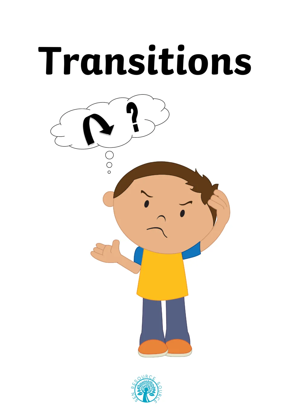 Transitions social story cover: a puzzled boy scratching his head, thinking of a turn arrow and a question mark