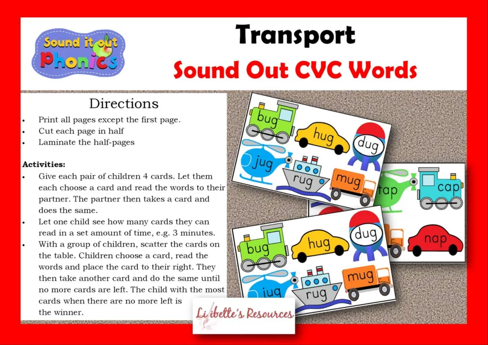 Transport Sound Out CVC Words cover with directions to print, cut and laminate half-page cards, plus three reading games