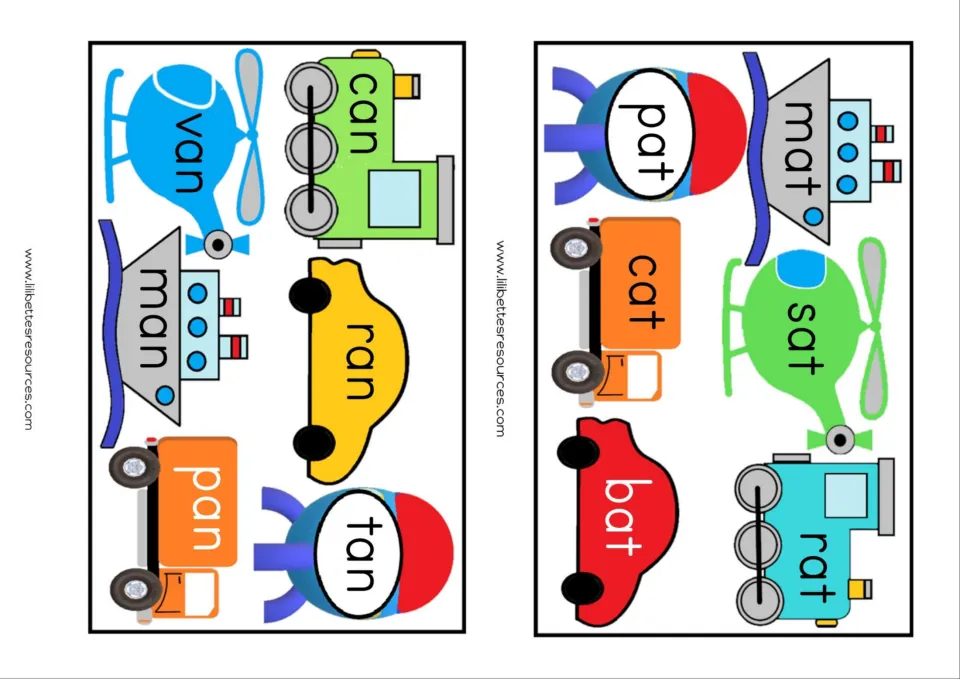 -an and -at word cards: students read can, van, ran, man, pan, tan and mat, pat, sat, cat, bat, rat on transport pictures