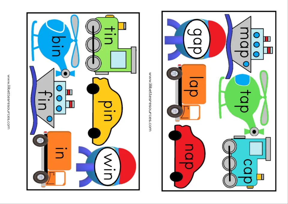 -in and -ap cards: students sound out tin, bin, pin, fin, in, win and map, gap, tap, lap, nap, cap on vehicle pictures