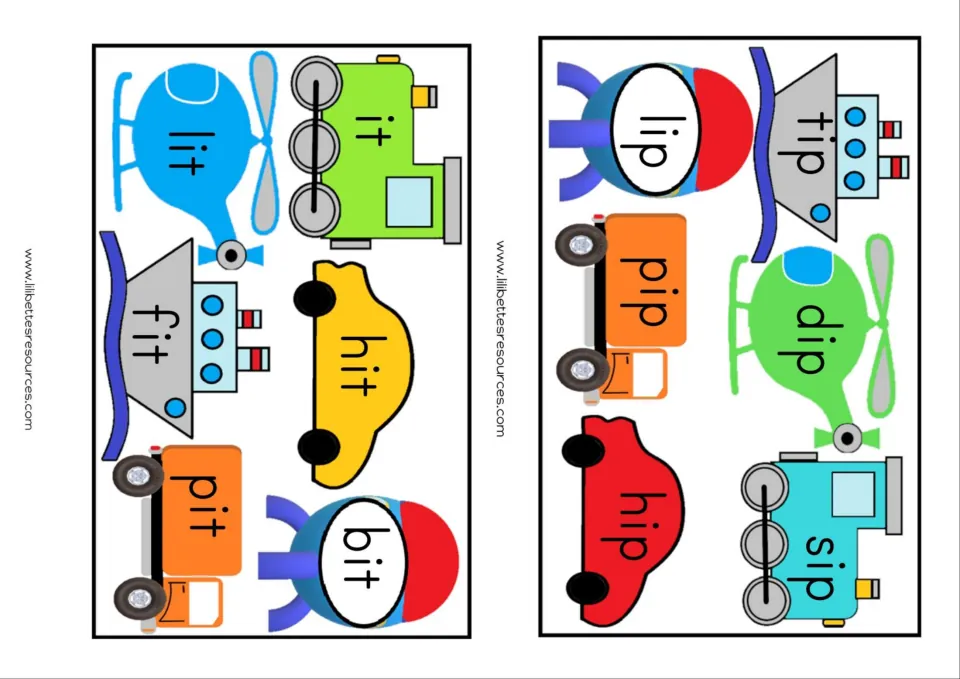 -it and -ip cards: students blend it, lit, hit, fit, pit, bit and tip, lip, dip, pip, hip, sip printed on vehicles